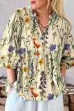 V-Neck Floral Print Bubble Short Sleeve Shirt