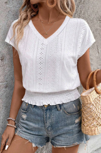 V-Neck Jacquard Short Sleeved Hollow T-Shirt