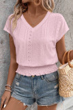 V-Neck Jacquard Short Sleeved Hollow T-Shirt