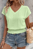 V-Neck Jacquard Short Sleeved Hollow T-Shirt