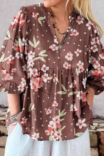 V-Neck Floral Print Bubble Short Sleeve Shirt