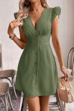 V-Neck Ruffled Short Sleeved Waist Cinched Dress