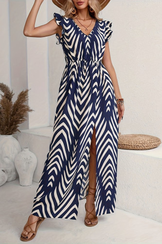 V-Neck Striped Printed Waist Cinching Slit Dress