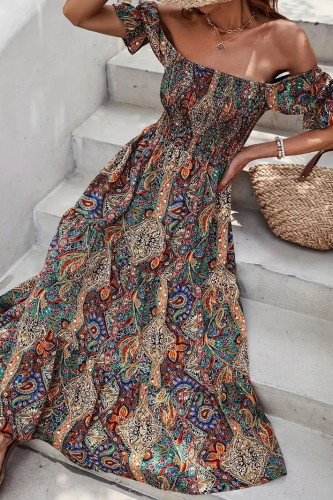Bohemian One Shoulder Short Sleeved Dress