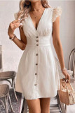 V-Neck Ruffled Short Sleeved Waist Cinched Dress