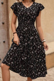 V-Neck Waist Cinched Ruffle Sleeve Printed Dress