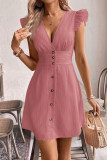 V-Neck Ruffled Short Sleeved Waist Cinched Dress