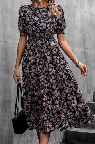 Floral Print Short Sleeved Waist Cinching Dress