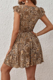 Vintage Printed V-Neck Ruffled Short Sleeved Dress