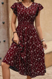 V-Neck Waist Cinched Ruffle Sleeve Printed Dress