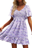 Summer Printed V-Neck Ruffled Short Sleeved Dress