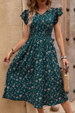 V-Neck Waist Cinched Ruffle Sleeve Printed Dress