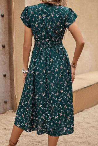 V-Neck Waist Cinched Ruffle Sleeve Printed Dress