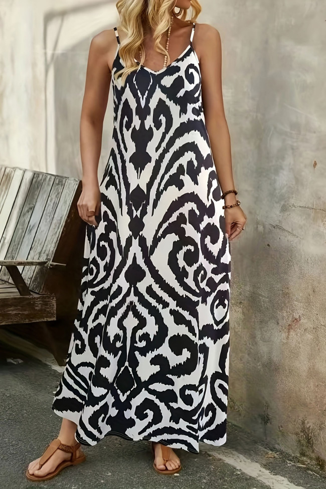 V-Neck Geometric Printed Sleeveless Dress