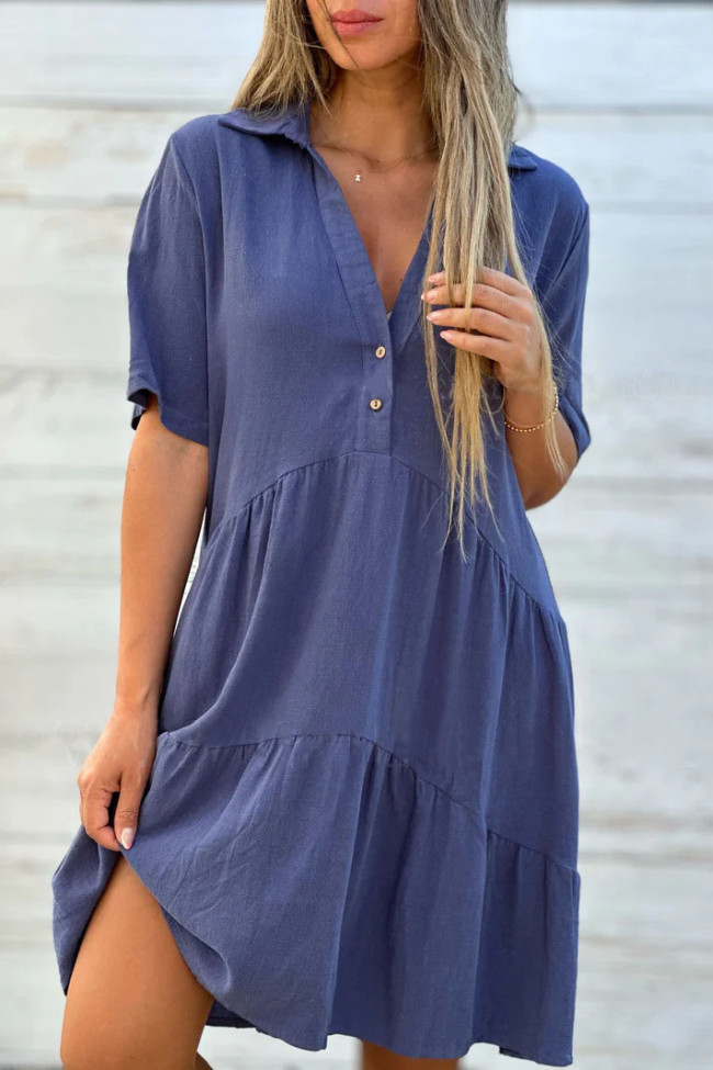 Solid Color Lapel Short Sleeved Shirt Dress