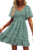 Summer Printed V-Neck Ruffled Short Sleeved Dress