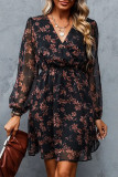 V-Neck Floral Print Long Sleeved Chiffon Dress