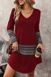 V-Neck Long Sleeved Retro Printed Dress