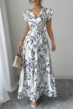 V-Neck Printed Ruffled Short Sleeved Dress