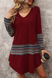 V-Neck Long Sleeved Retro Printed Dress