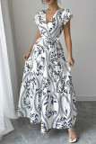 V-Neck Printed Ruffled Short Sleeved Dress