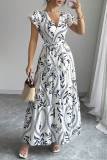 V-Neck Printed Ruffled Short Sleeved Dress