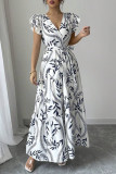 V-Neck Printed Ruffled Short Sleeved Dress