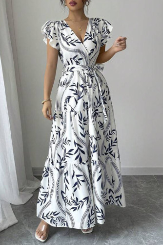 V-Neck Printed Ruffled Short Sleeved Dress
