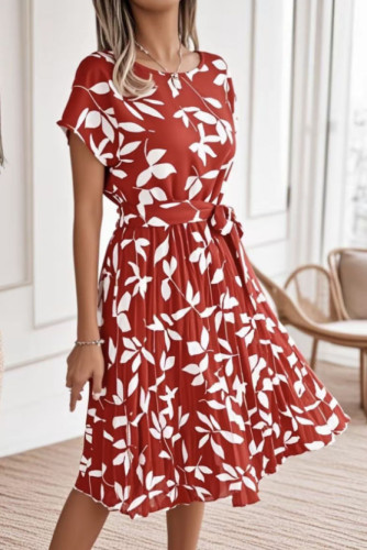 Round Neck Short Sleeved Pleated Dress