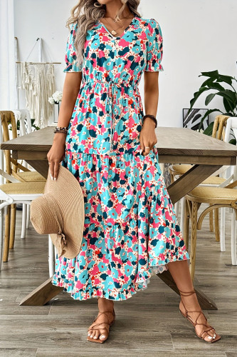 Short Sleeved Printed Elastic Waist Dress