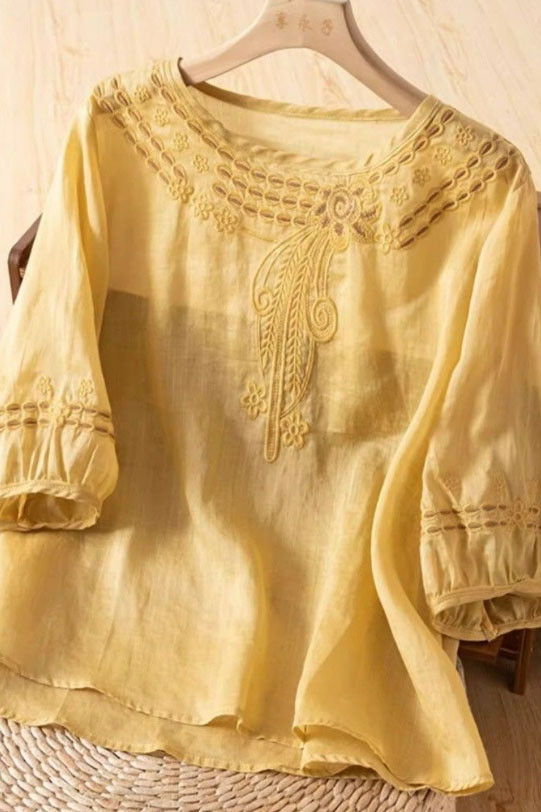 Round Neck Embroidered Lace Long Sleeved Shirt