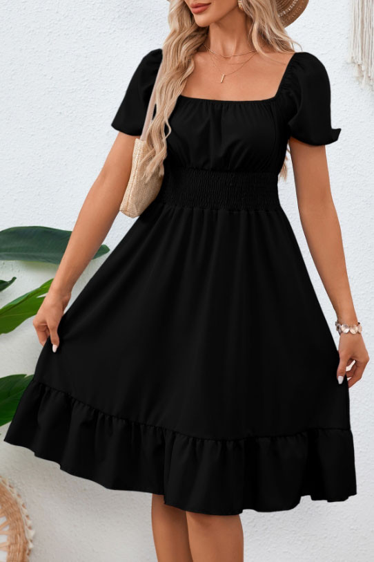 Square Neck Short Sleeved Ruffled Waist Cinched Dress