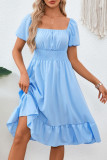 Square Neck Short Sleeved Ruffled Waist Cinched Dress