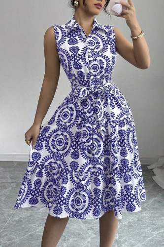 Printed Lapel Sleeveless Tied Waist Cinching Dress