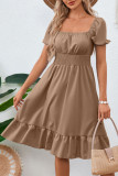 Square Neck Short Sleeved Ruffled Waist Cinched Dress