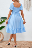 Square Neck Short Sleeved Ruffled Waist Cinched Dress