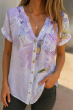 V-Neck Printed Short Sleeved Cardigan Shirt