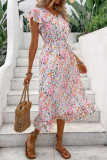 Floral Print Ruffle Edge Short Sleeved Dress