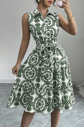 Printed Lapel Sleeveless Tied Waist Cinching Dress