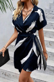 Short Sleeve Printed V-Neck Lace Up Dress