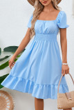 Square Neck Short Sleeved Ruffled Waist Cinched Dress