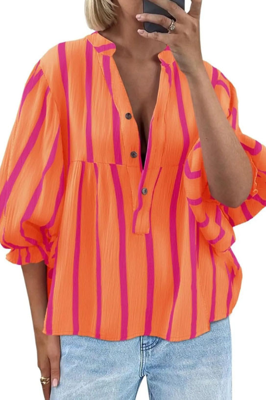 V-Neck Striped Printed Lantern Sleeve Shirt