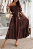 Solid Color Short Sleeved Waist Cinched Ruffle Dress