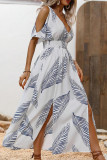 Summer Printed Slit V-Neck Off Shoulder Dress