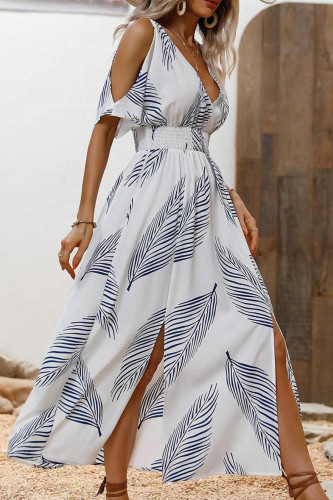 Summer Printed Slit V-Neck Off Shoulder Dress