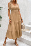 V-Neck Short Sleeved Pleated Solid Color Dress