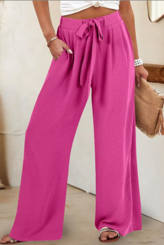 Solid Color Elastic High Waisted Wide Leg Pants