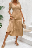 V-Neck Short Sleeved Pleated Solid Color Dress