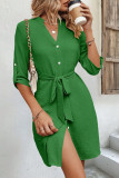 Solid Color V-Neck Waist Cinched Shirt Dress