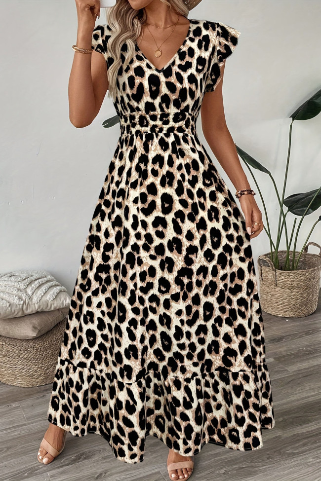 Leopard Print V-Neck Short Sleeved Dress